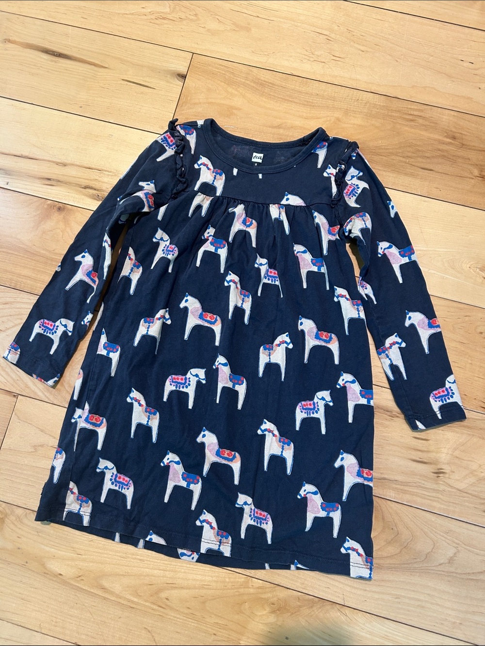 Girls Navy Dala Horse Long-Sleeve Dress